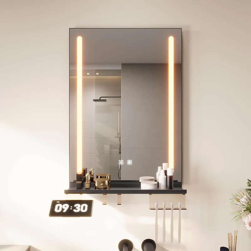 SONNI LED Badspiegel 50x70cm mit Ablage, Touch Badezimmerspiegel 3 Lichtfarben, Anti-Beschlag & Gedächtnisfunktion, Ablage mit Handyhalter + Haken + Zahnbürstenhalter + Becherhalter