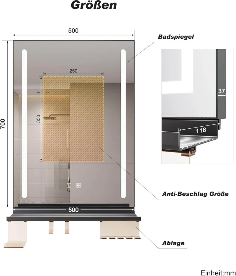 SONNI LED Badspiegel 50x70cm mit Ablage, Touch Badezimmerspiegel 3 Lichtfarben, Anti-Beschlag & Gedächtnisfunktion, Ablage mit Handyhalter + Haken + Zahnbürstenhalter + Becherhalter