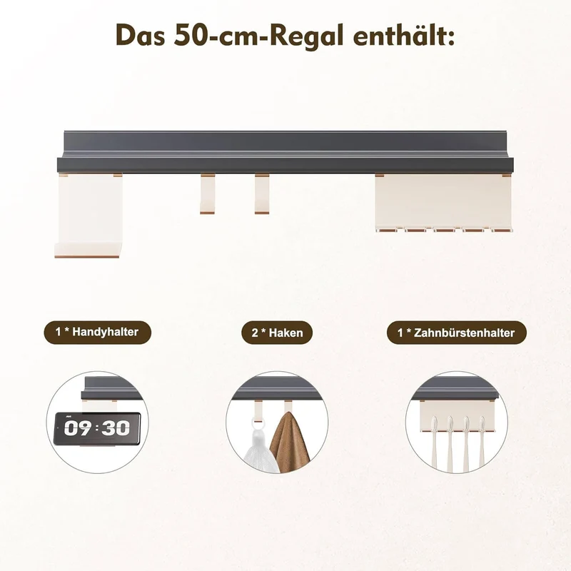 SONNI LED Badspiegel 50x70cm mit Ablage, Touch Badezimmerspiegel 3 Lichtfarben, Anti-Beschlag & Gedächtnisfunktion, Ablage mit Handyhalter + Haken + Zahnbürstenhalter + Becherhalter