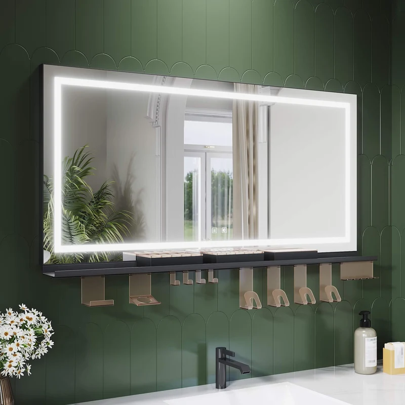 SONNI LED Badspiegel 120x60cm + Ablage, Touch Spiegel mit Beleuchtung, 3 Lichtfarben, Anti-Beschlag & Memory, Ablage mit Handyhalter + Haken + Zahnbürstenhalter + Becherhalter