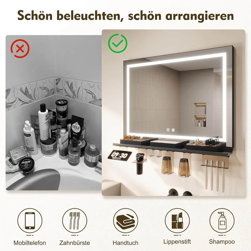 SONNI LED Badspiegel 120x60cm + Ablage, Touch Spiegel mit Beleuchtung, 3 Lichtfarben, Anti-Beschlag & Memory, Ablage mit Handyhalter + Haken + Zahnbürstenhalter + Becherhalter