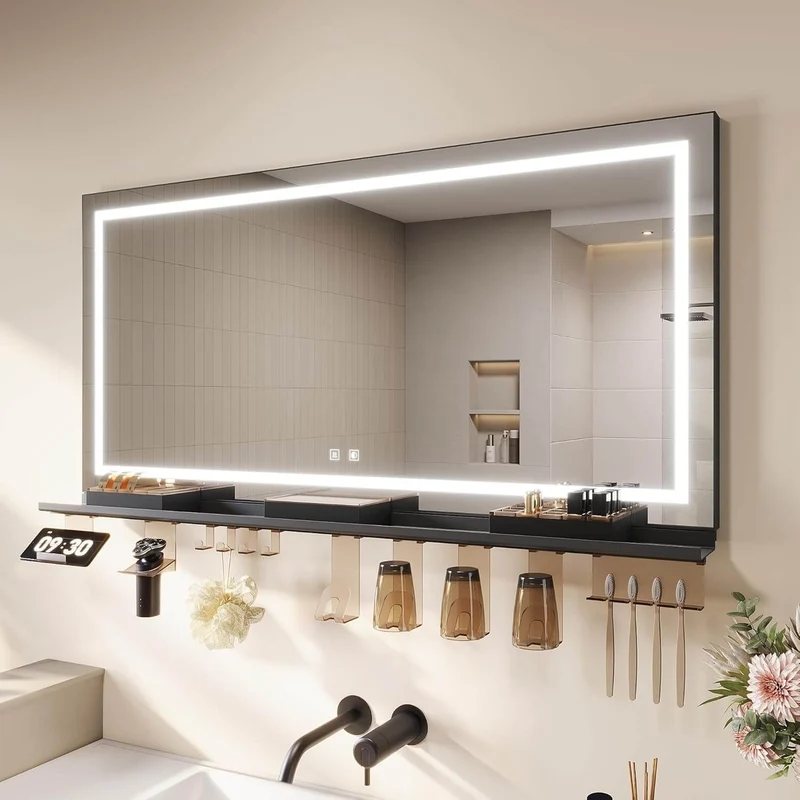 SONNI LED Badspiegel 120x60cm + Ablage, Touch Spiegel mit Beleuchtung, 3 Lichtfarben, Anti-Beschlag & Memory, Ablage mit Handyhalter + Haken + Zahnbürstenhalter + Becherhalter