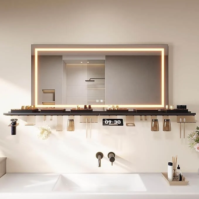 SONNI LED Badspiegel 120x60cm + Ablage, Touch Spiegel mit Beleuchtung, 3 Lichtfarben, Anti-Beschlag & Memory, Ablage mit Handyhalter + Haken + Zahnbürstenhalter + Becherhalter