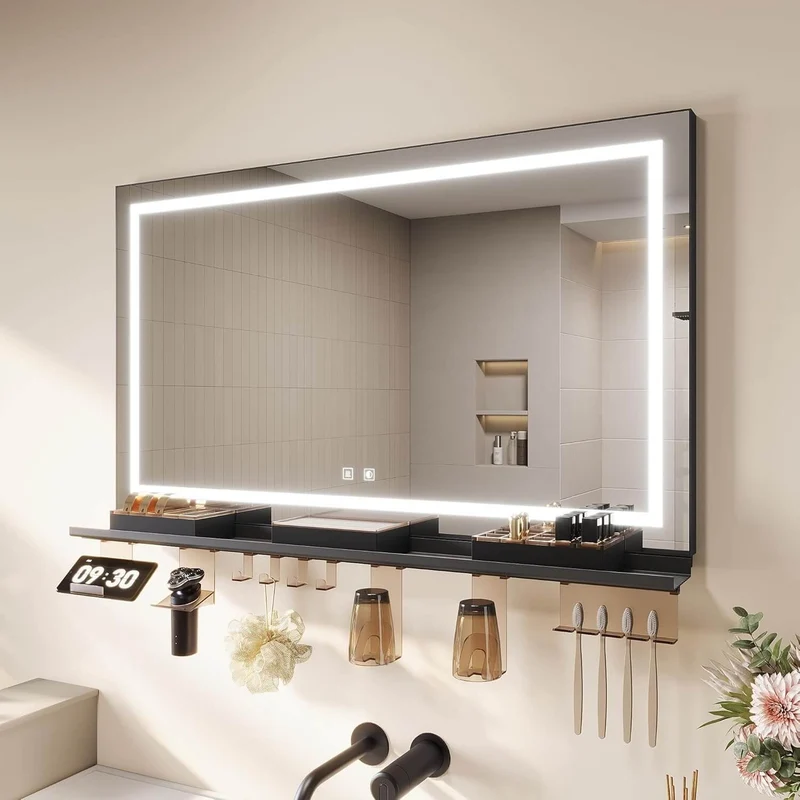 SONNI Badspiegel mit Beleuchtung 100x60cm + Ablage, Touch Badezimmerspiegel 3 Lichtfarben, Anti-Beschlag & Gedächtnisfunktion