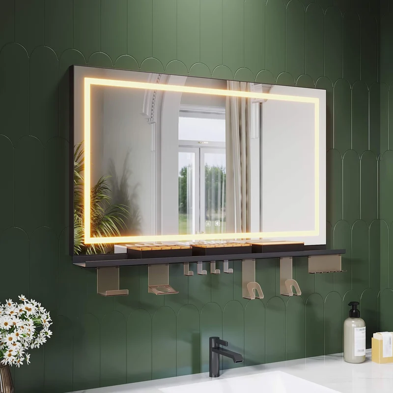 SONNI Badspiegel mit Beleuchtung 100x60cm + Ablage, Touch Badezimmerspiegel 3 Lichtfarben, Anti-Beschlag & Gedächtnisfunktion