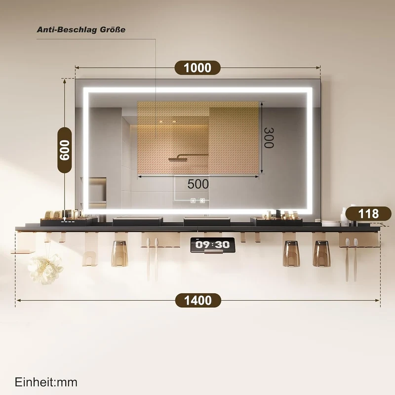 SONNI Badspiegel mit Beleuchtung 100x60cm + Ablage, Touch Badezimmerspiegel 3 Lichtfarben, Anti-Beschlag & Gedächtnisfunktion