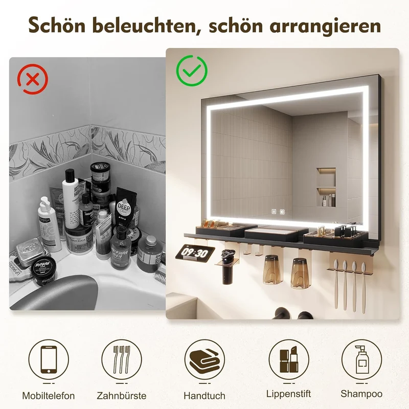 SONNI Badspiegel mit Beleuchtung 100x60cm + Ablage, Touch Badezimmerspiegel 3 Lichtfarben, Anti-Beschlag & Gedächtnisfunktion