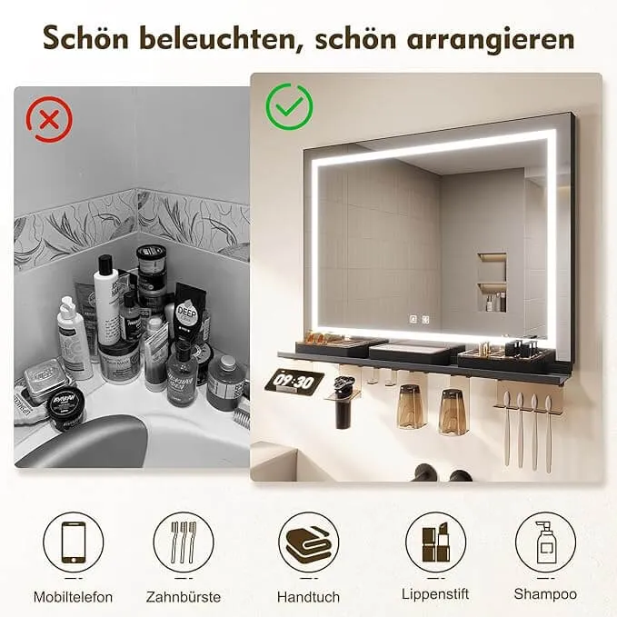 SONNI Badspiegel mit Beleuchtung & Ablage, Touch Badezimmerspiegel 3 Lichtfarben, Anti-Beschlag & Gedächtnisfunktion