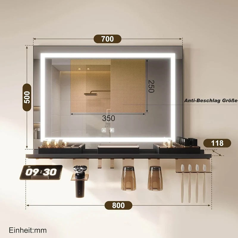 SONNI Badspiegel mit Beleuchtung 70x50cm + Ablage, Touch Badezimmerspiegel 3 Lichtfarben, Anti-Beschlag & Gedächtnisfunktion