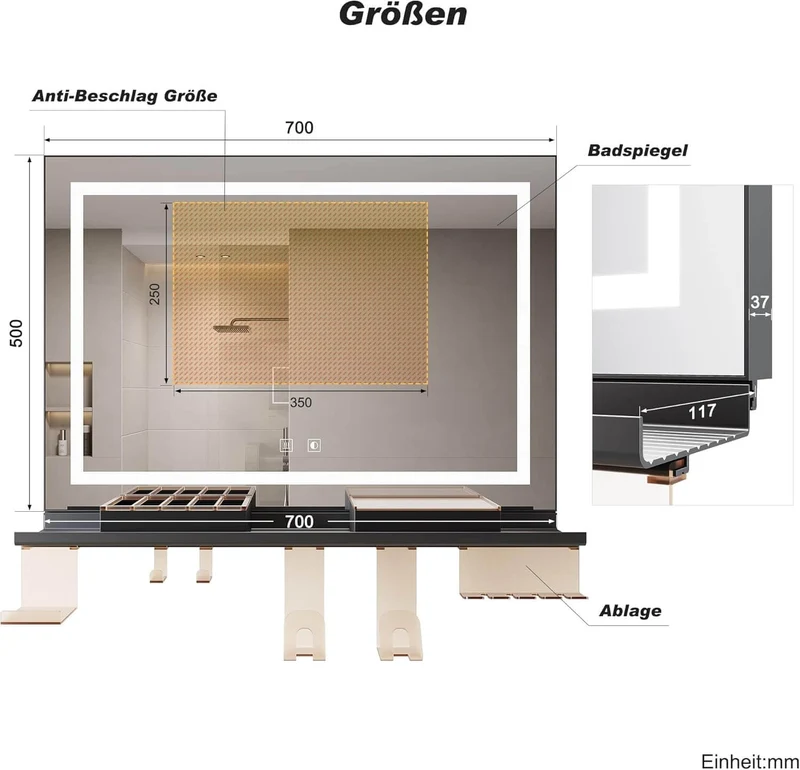 SONNI Badspiegel mit Beleuchtung 70x50cm + Ablage, Touch Badezimmerspiegel 3 Lichtfarben, Anti-Beschlag & Gedächtnisfunktion