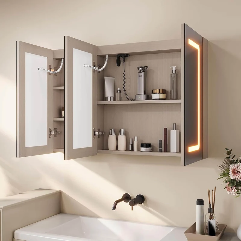 SONNI 3 Türiger Spiegelschrank Bad mit Beleuchtung LED Badezimmer Spiegelschrank mit Anti-Beschlag, Steckdose, 3 Lichtfarben, Dimmbar, Vollständig Montiert