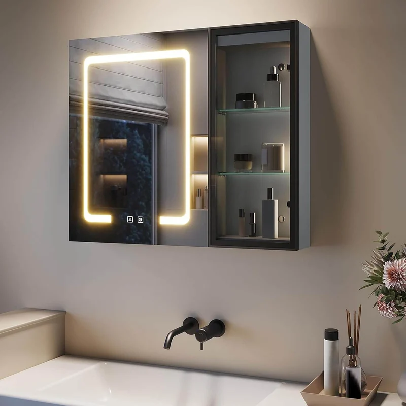 SONNI Spiegelschrank Bad mit Beleuchtung LED Spiegelschrank mit Glasvitrine und Ambientebeleuchtung, Glasboden, Anti-Beschlag, Steckdose, 3 Lichtfarben, Dimmbar, Vollständig Montiert