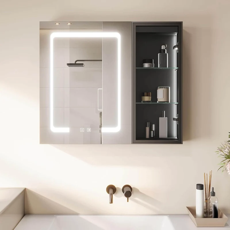 SONNI Spiegelschrank Bad mit Beleuchtung LED Spiegelschrank mit Glasvitrine und Ambientebeleuchtung, Glasboden, Anti-Beschlag, Steckdose, 3 Lichtfarben, Dimmbar, Vollständig Montiert