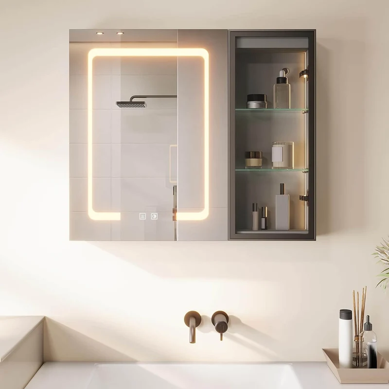 SONNI Spiegelschrank Bad mit Beleuchtung LED Spiegelschrank mit Glasvitrine und Ambientebeleuchtung, Glasboden, Anti-Beschlag, Steckdose, 3 Lichtfarben, Dimmbar, Vollständig Montiert
