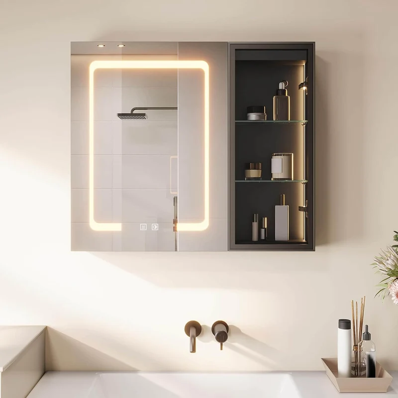 SONNI Spiegelschrank Bad mit Beleuchtung LED Spiegelschrank mit Glasvitrine und Ambientebeleuchtung, Glasboden, Anti-Beschlag, Steckdose, 3 Lichtfarben, Dimmbar, Vollständig Montiert
