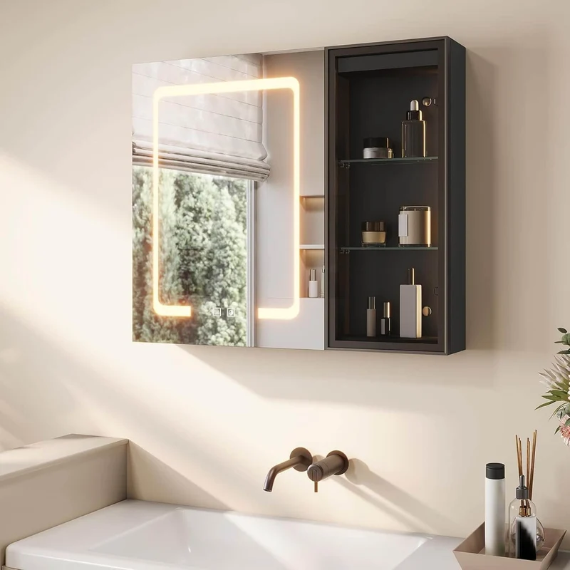 SONNI Spiegelschrank Bad mit Beleuchtung LED Spiegelschrank mit Glasvitrine und Ambientebeleuchtung, Glasboden, Anti-Beschlag, Steckdose, 3 Lichtfarben, Dimmbar, Vollständig Montiert