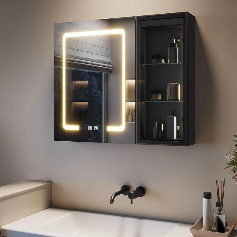 SONNI Spiegelschrank Bad mit Beleuchtung LED Spiegelschrank mit Glasvitrine und Ambientebeleuchtung, Glasboden, Anti-Beschlag, Steckdose, 3 Lichtfarben, Dimmbar, Vollständig Montiert