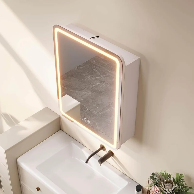 SONNI Spiegelschrank mit Beleuchtung 70x 55 cm, LED Spiegelschrank mit Taschentuch-Durchlass, Steckdose, Anti-Beschlag & 3 Lichtfarben, Dimmbar - Holzschrank Beige, Vollständig Montiert