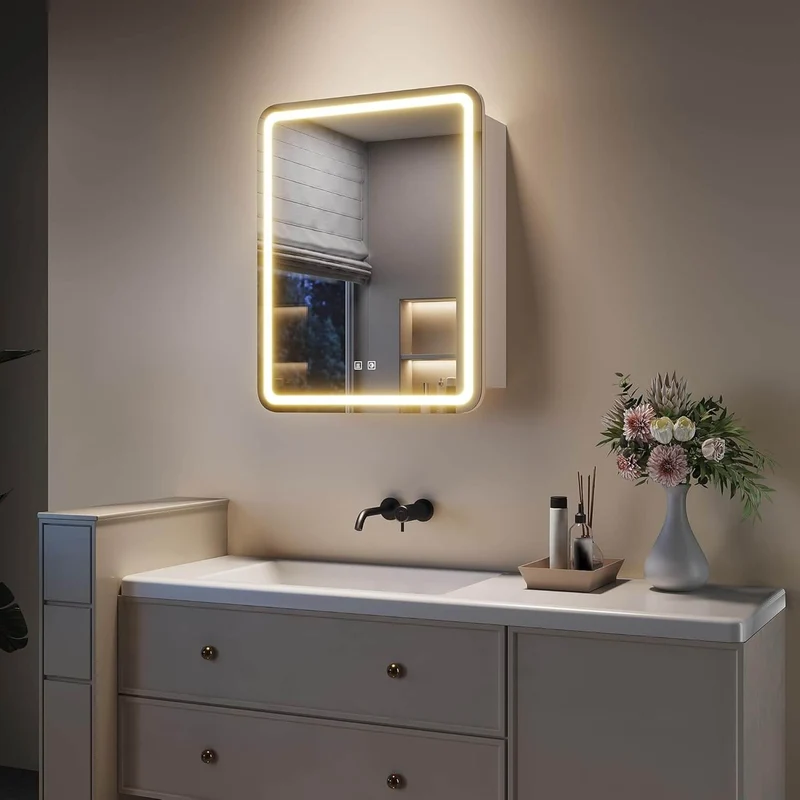 SONNI Spiegelschrank mit Beleuchtung 70x 55 cm, LED Spiegelschrank mit Taschentuch-Durchlass, Steckdose, Anti-Beschlag & 3 Lichtfarben, Dimmbar - Holzschrank Beige, Vollständig Montiert