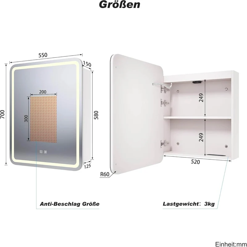 SONNI Spiegelschrank mit Beleuchtung 70x 55 cm, LED Spiegelschrank mit Taschentuch-Durchlass, Steckdose, Anti-Beschlag & 3 Lichtfarben, Dimmbar - Holzschrank Beige, Vollständig Montiert