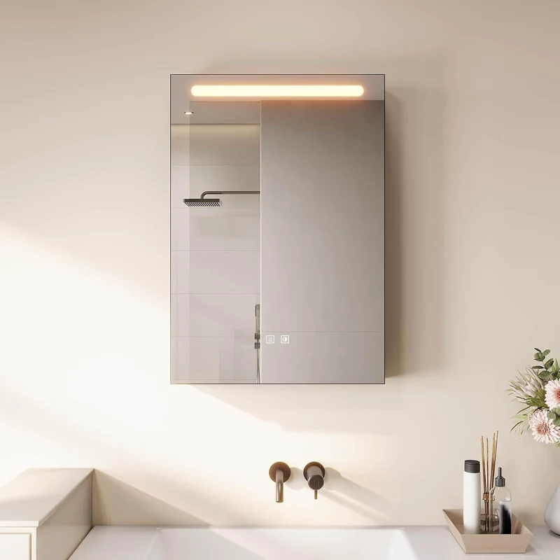 SONNI LED Spiegelschrank mit Make-up Ablage, Anti-Beschlag, Steckdose & Kosmetik-Organizer, 3 Lichtfarben Vollständig Montiert