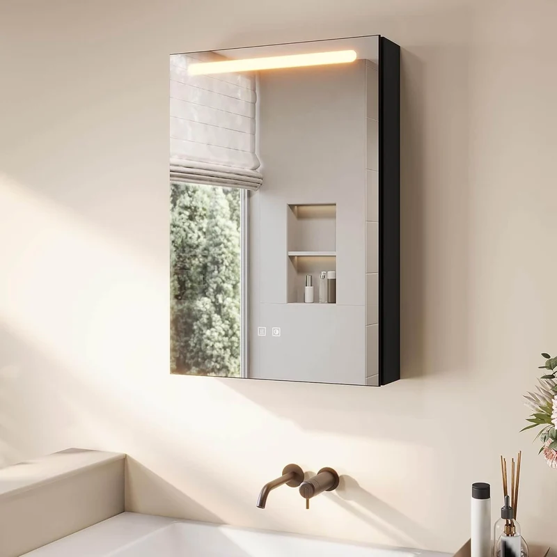 SONNI LED Spiegelschrank mit Make-up Ablage, Anti-Beschlag, Steckdose & Kosmetik-Organizer, 3 Lichtfarben Vollständig Montiert