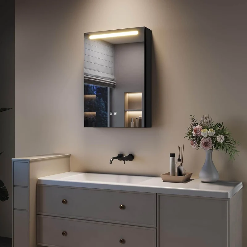 SONNI LED Spiegelschrank mit Make-up Ablage, Anti-Beschlag, Steckdose & Kosmetik-Organizer, 3 Lichtfarben Vollständig Montiert