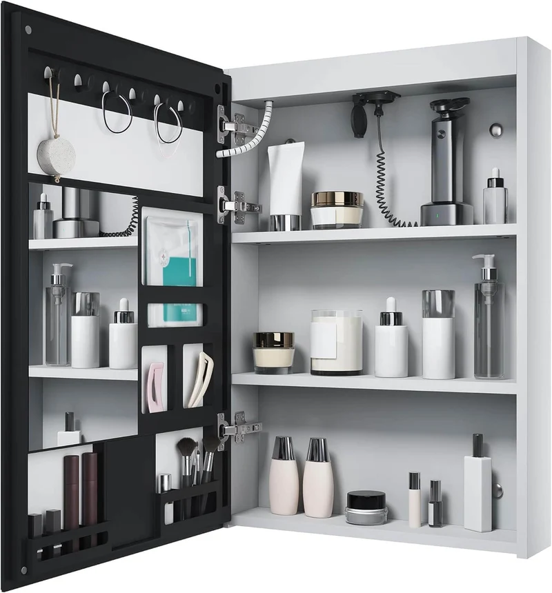 SONNI LED Spiegelschrank mit Make-up Ablage, Anti-Beschlag, Steckdose & Kosmetik-Organizer, 3 Lichtfarben Vollständig Montiert