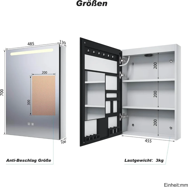 SONNI LED Spiegelschrank mit Make-up Ablage, Anti-Beschlag, Steckdose & Kosmetik-Organizer, 3 Lichtfarben Vollständig Montiert