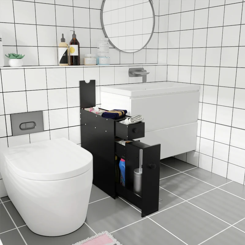 Costway - Badschrank, Schmaler Nischenregal mit Schubladen, Badschrank aus Holz, Seitenschrank, Schwarz