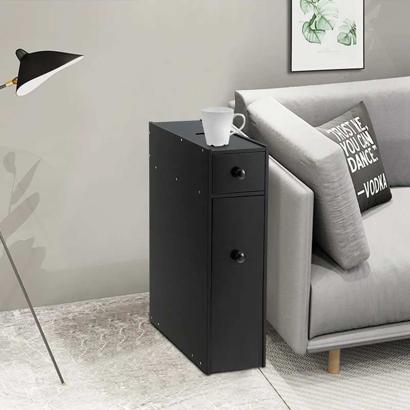 Costway - Badschrank, Schmaler Nischenregal mit Schubladen, Badschrank aus Holz, Seitenschrank, Schwarz