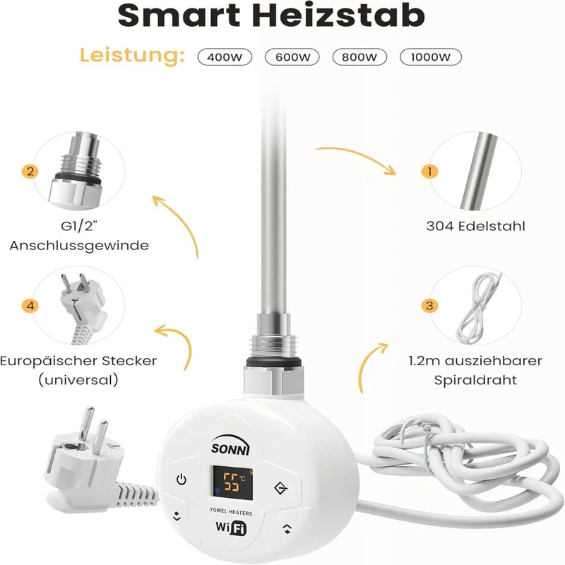 SONNI Smart WIFI elektrischer Heizstab Weiß mit Thermostat Intelleganter Temperaturregelstab für Badheizkörper APP-Steuerung
