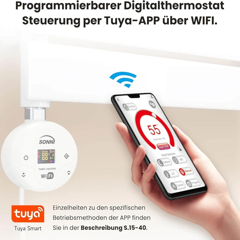 SONNI Smart WIFI elektrischer Heizstab Weiß mit Thermostat Intelleganter Temperaturregelstab für Badheizkörper APP-Steuerung