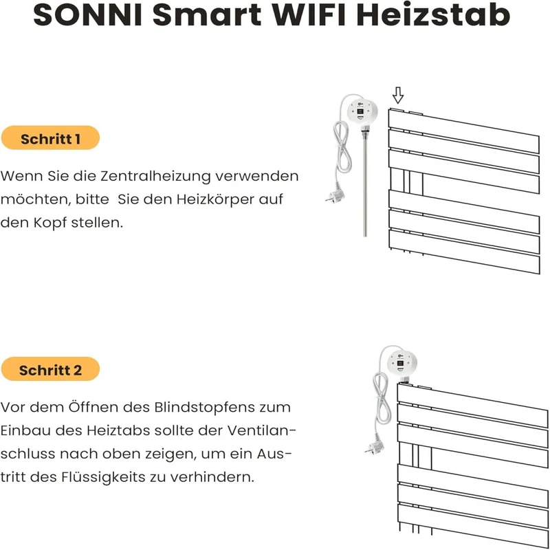 SONNI Smart WIFI elektrischer Heizstab Weiß mit Thermostat Intelleganter Temperaturregelstab für Badheizkörper APP-Steuerung