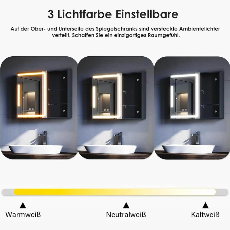 SONNI Bad Spiegelschrank mit Beleuchtung und Steckdose, 65x60cm, Metall Badschrank mit Spiegel und und Regale, 3 Farbtemperatur dimmbare, Antibeschlag, Schwarz