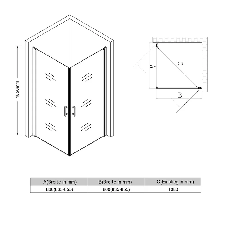 SONNI Duschkabine Eckeinstieg Pendeltür Dusche ESG Glas mit NANO Beschichtung Höhe 185cm/195cm