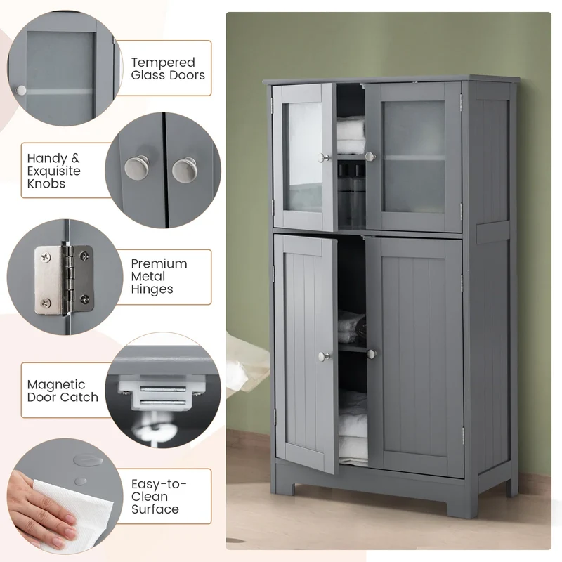 Costway – Freistehender Badezimmerschrank mit 4 Glastüren, 58 × 30 × 109 cm, Grau
