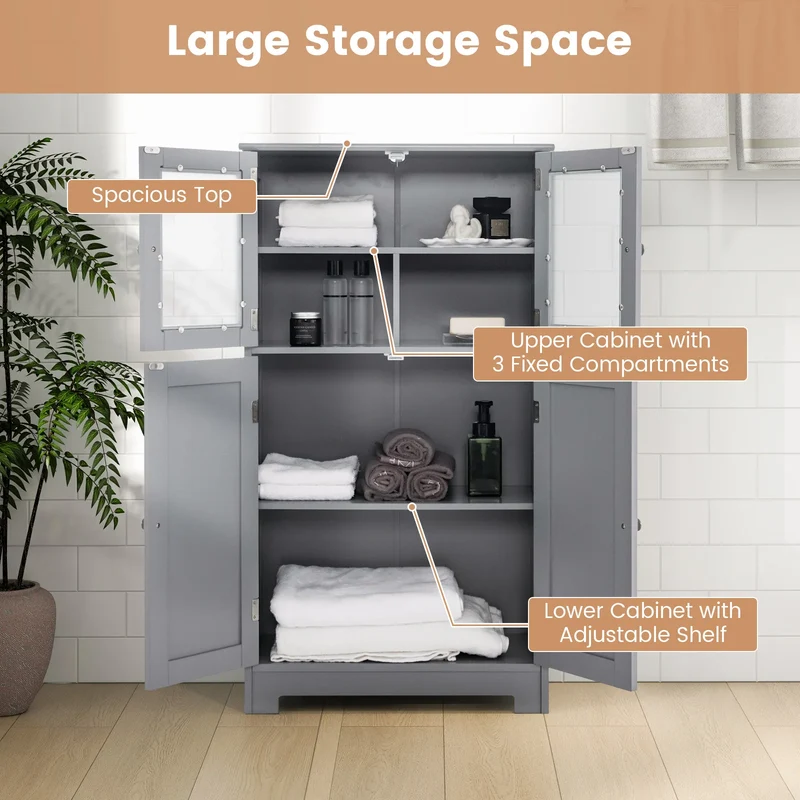 Costway – Freistehender Badezimmerschrank mit 4 Glastüren, 58 × 30 × 109 cm, Grau