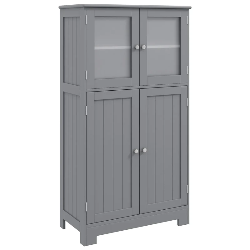 Costway – Freistehender Badezimmerschrank mit 4 Glastüren, 58 × 30 × 109 cm, Grau