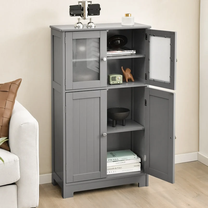 Costway – Freistehender Badezimmerschrank mit 4 Glastüren, 58 × 30 × 109 cm, Grau