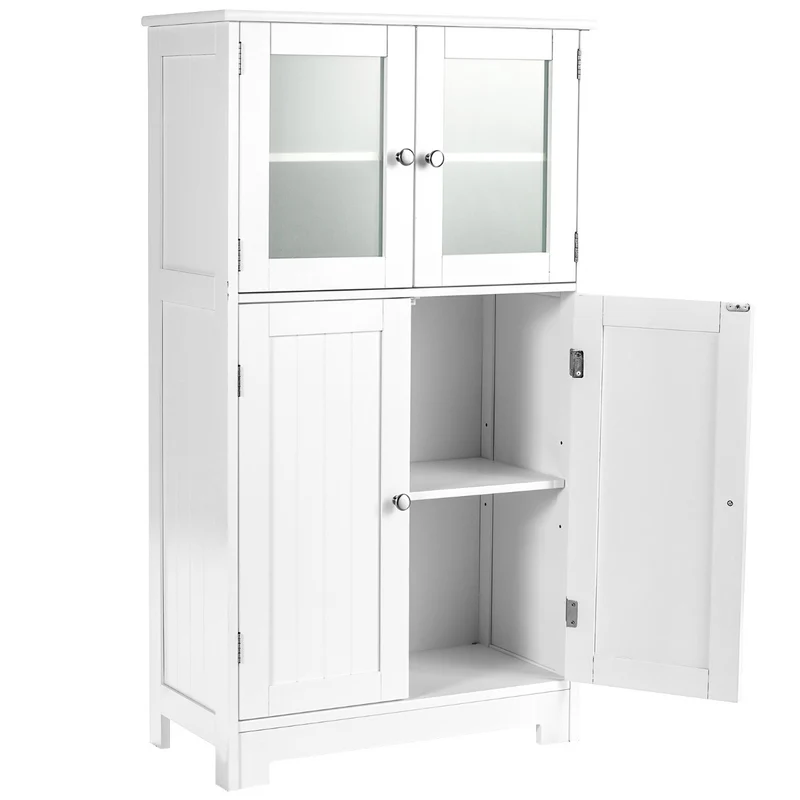 Costway - Badezimmerschrank, 4-Türiger Freistehender Aufbewahrungsschrank mit Glastüren, Weiß