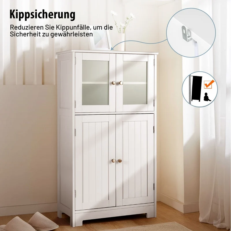 Costway - Badezimmerschrank, 4-Türiger Freistehender Aufbewahrungsschrank mit Glastüren, Weiß