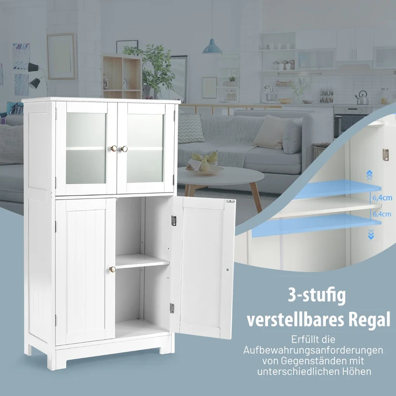Costway - Badezimmerschrank, 4-Türiger Freistehender Aufbewahrungsschrank mit Glastüren, Weiß
