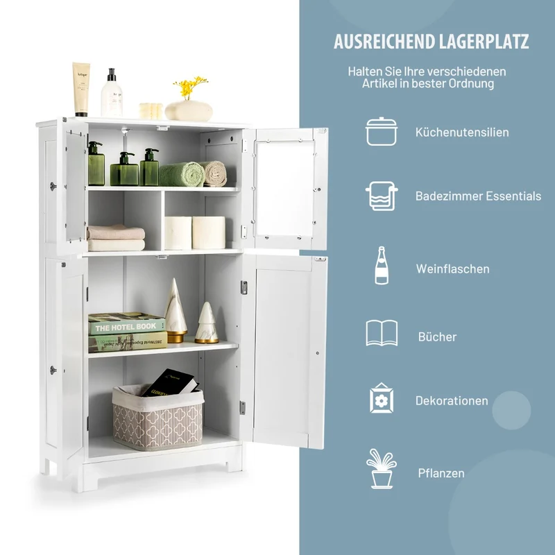 Costway - Badezimmerschrank, 4-Türiger Freistehender Aufbewahrungsschrank mit Glastüren, Weiß