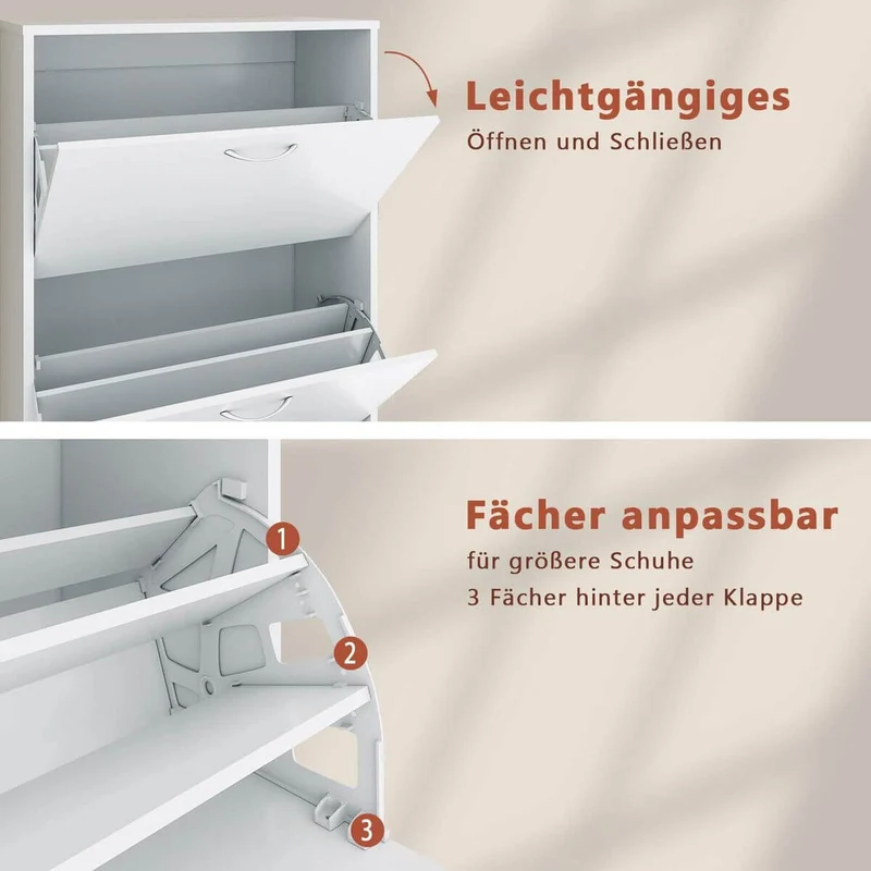 SONNI Schuhschrank 3 Fächer Schuhkipper Schuhregal Regal weiß Schuhkommode Kommode