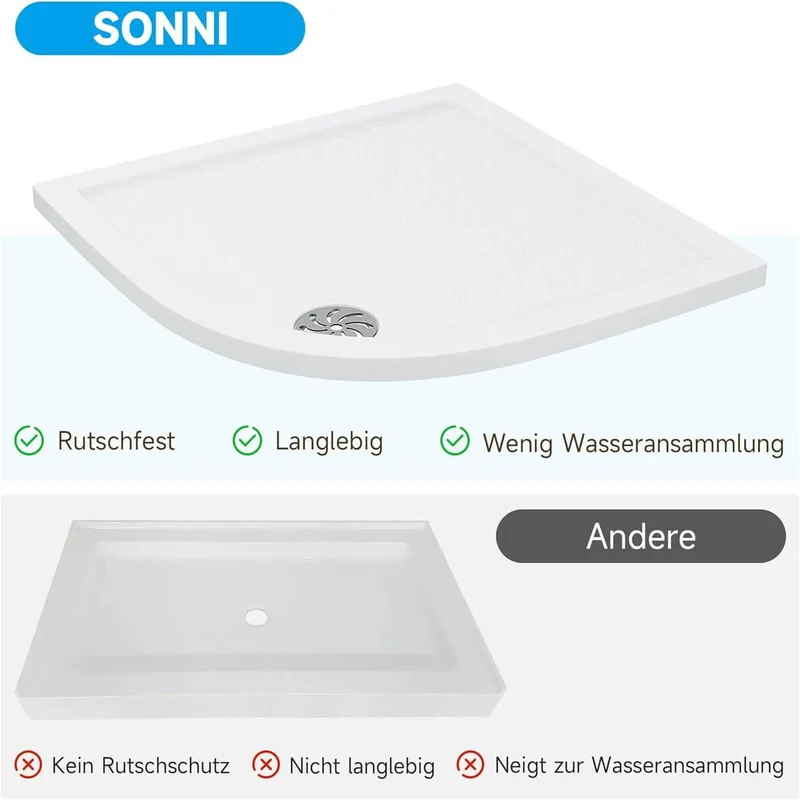 SONNI Oval Duschtasse - Niedrigprofil Duschwanne mit 550 mm Radius, Extra Flach, SMC, Inklusive Ablaufgarnitur