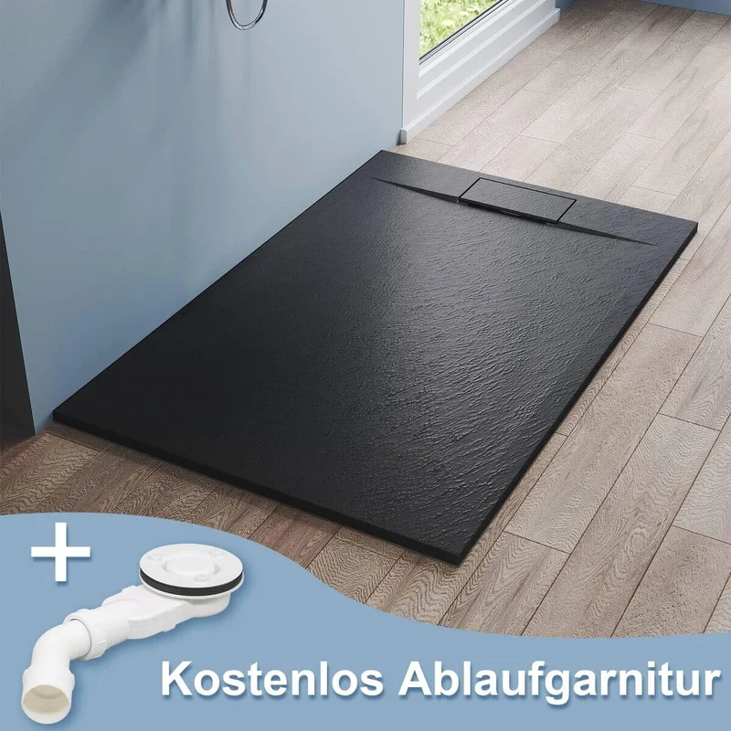 SONNI Duschwanne 120x90/140x90 cm Flach Duschtasse mit Ablaufgarnitur Komplettset Rechteckig Duschtassen Schieferoptik