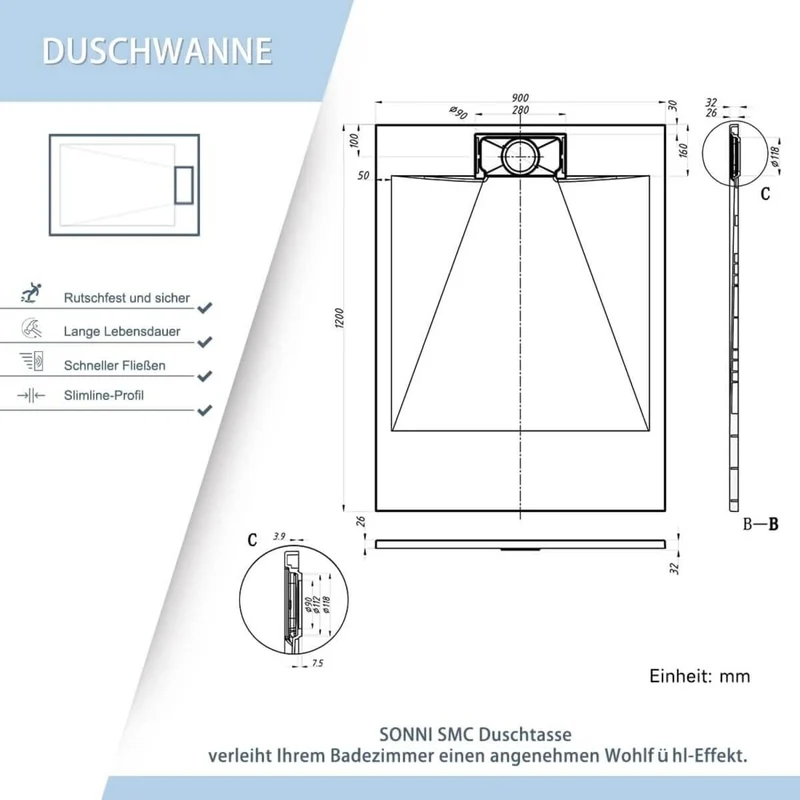 SONNI Duschwanne 120x90/140x90 cm Flach Duschtasse mit Ablaufgarnitur Komplettset Rechteckig Duschtassen Schieferoptik