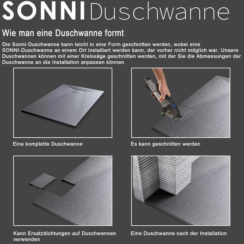 SONNI Duschwanne Schieferoptik und Rutschfeste Struktur Schwarz Duschtasse flach (Inklusive Ablaufgarnitur )