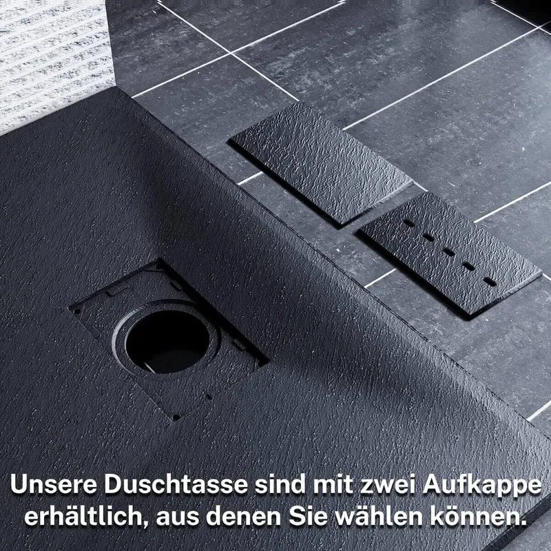 SONNI Duschwanne Schieferoptik und Rutschfeste Struktur Schwarz Duschtasse flach (Inklusive Ablaufgarnitur )